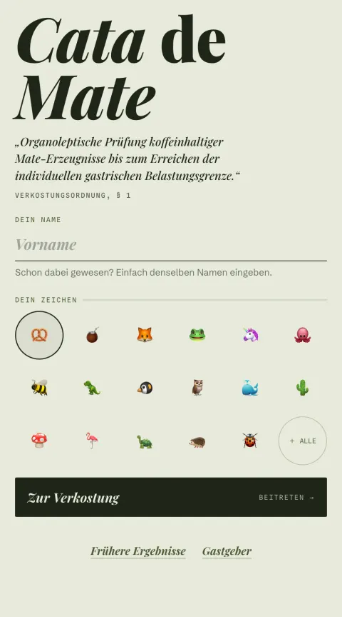 Cata de Mate auf dem Handy: Name eingeben und Tier-Zeichen wählen