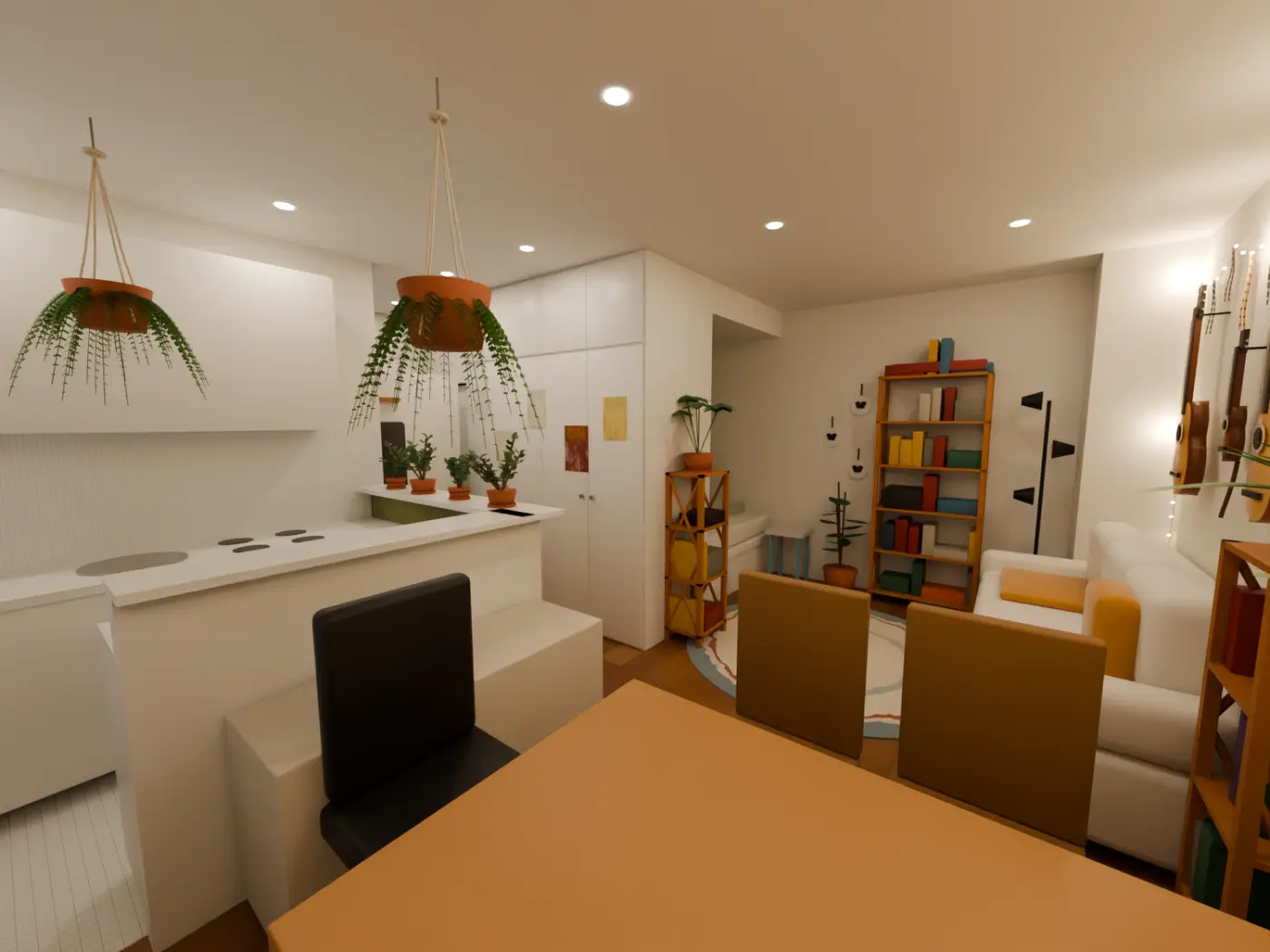 Wohnzimmer in 3D am Abend: Sofa, Bücherregale, Gitarren an der Wand, Lichterkette